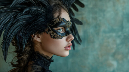 Mysterious woman with a black feathered mask, side profile against a textured background with copy space - 730348182