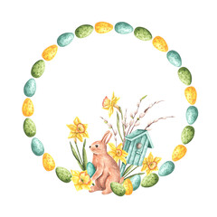 Happy Easter watercolor frame, wreath, illustration. Easter bunny, colored eggs, willow branches, daffodils flowers. Spring religious holiday. For printing on greeting cards, invitations, stickers.