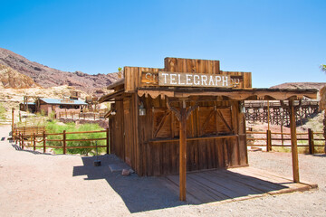 Telegraph sign in Calico - ghost town and former mining town in San Bernardino County - California, United States