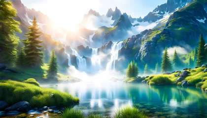 Cercles muraux Vert bleu source of pure spring water from mountain peaks, sunny early morning, pure spring water, beautiful landscape with mountains,