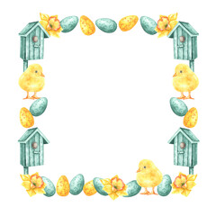 Spring Easter watercolor frame, border, illustration. Yellow chicken, birdhouse, daffodil flowers, Easter eggs. Spring religious holiday. Happy Easter! For printing on greeting cards, invitations.