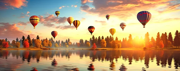 Foto op Plexiglas Hot air balloons on a blue sunset sky, mountain lake and forest landscape background. Great mood and travel concept. AI generated illustration. © Ольга Зуевская