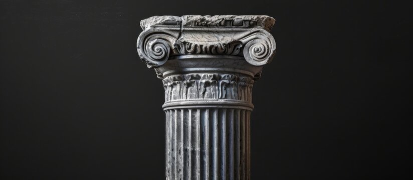 Replica of ancient column pillar against black backdrop.