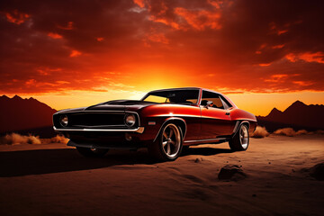 Dramatic shot of muscle car against backdrop of vibrant sunset. Generative AI