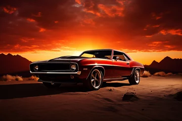 Cercles muraux Voitures anciennes Dramatic shot of muscle car against backdrop of vibrant sunset. Generative AI