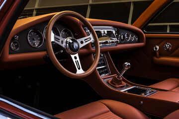 Luxury car steering wheel and dashboard controls. Generative AI