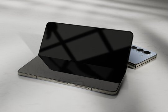 Foldable smartphone mockup with shadows overlay and screen reflection