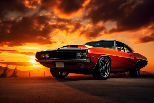 Fototapeta Dramatic shot of muscle car against backdrop of vibrant sunset. Generative AI