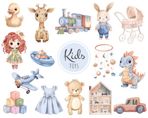 Watercolor toys set. Hand drawn kid toy, dinosaur, doll, teddy bear, bunny. Childish vector illustration pastel colors.