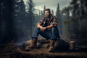 Lumberjack wearing classic plaid shirt and work boots. Generative AI