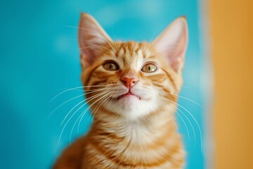 Spectacularly happy cat, fur colored brightly. Pretty background, spectacularly cuzy and cute.