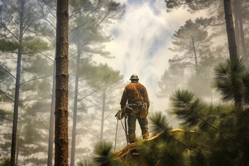 Back view of lumberjack working amidst tall pine trees. Generative AI