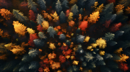 Fototapeta na wymiar autumn leaves in the water,, Bird's Eye View of Vibrant Autumn Forest