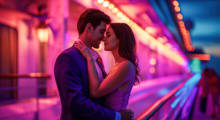 Intimate romantic moment of a young couple standing on the edge of a cruise ship hull rails under vibrant festive pink red lights and dusk dark blue sky