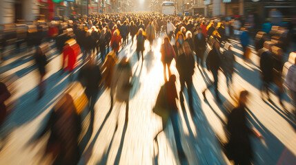 Obraz premium A huge crowd of people in the city rushes about their business during the day, selective focus