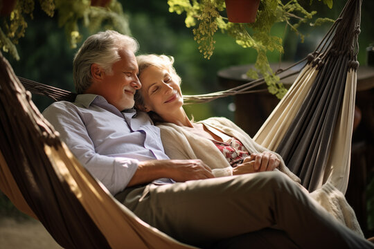 Mature couple relaxing in their backyard hammock. Generative AI