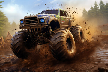 Fototapeta premium Big monster truck roaring through muddy obstacle course. Generative AI