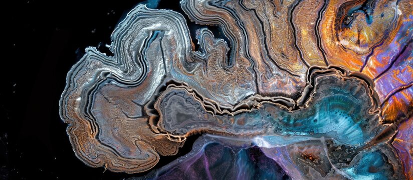 Microscopic image of cerebellum, with layered cortex (molecular, Purkinje, granular) and white matter core, stained silver.