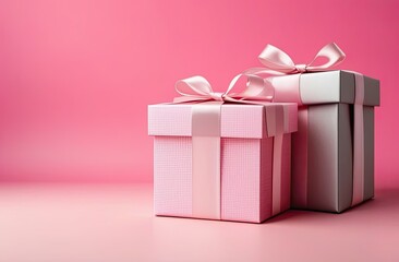 Fototapeta premium Pink gift boxes with ribbons on pink background