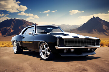 Fototapeta na wymiar Muscle car parked on open road with scenic backdrop. Generative AI