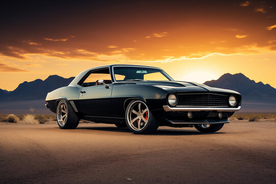 Fototapeta Vintage muscle car parked on open road with scenic sunset backdrop. Generative AI