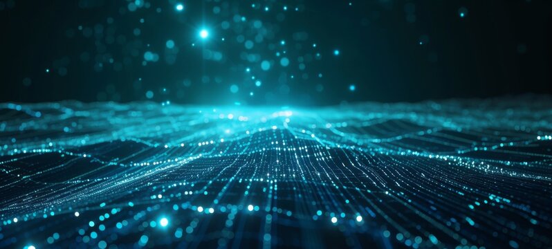 Blue and green glowing digital circuitry with nodes and lines forms a dynamic and futuristic techno landscape