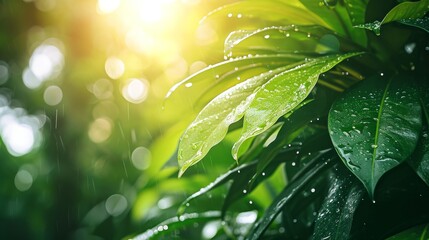 a tropical rain, close-up of green leaves with raindrops, sun rays filtering through, creating a soft, warm glow, gentle and tranquil ambiance, soothing background - obrazy, fototapety, plakaty