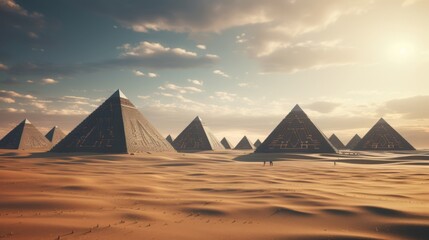 Captivating egyptian pyramids amidst vast desert sands, crafted with artificial intelligence technology