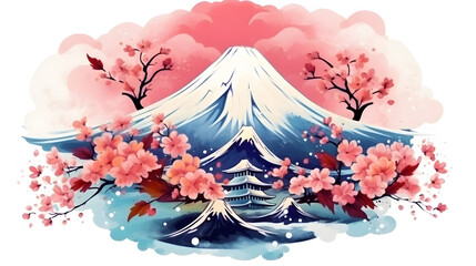 cherry blossom in a glass,,
A watercolor painting of a mountain with a mountain in the background.
