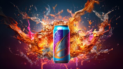 An exhilarating depiction of an energy drink, vibrant and electrifying, bursting with energy symbols like lightning bolts and vibrant colors