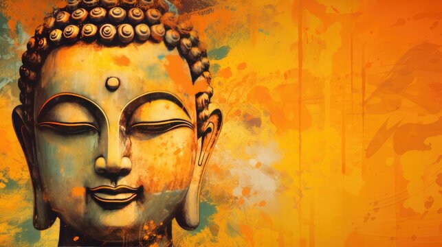 Buddha face on an abstract yellow orange background