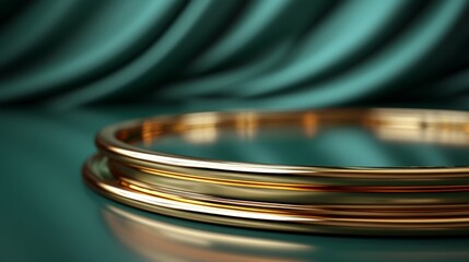 Elegant golden rings resting on a smooth emerald fabric background showcasing intricate design and craftsmanship in an artistic arrangement during soft lighting conditions
