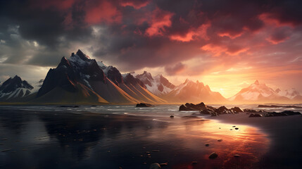 Fototapeta na wymiar sunrise over the mountains,, Iceland sunset Free Photo HD 8K wallpaper 