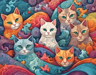 Several cats in a colourful puzzle background