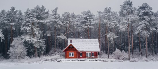 A forest house during winter.