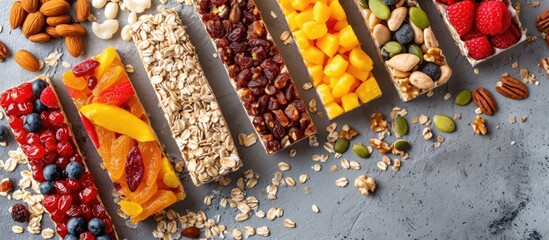 Raw vegan candy consisting of dried fruits, nuts, oatmeal, and muesli. - obrazy, fototapety, plakaty