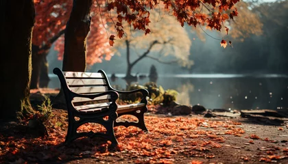 Photo sur Plexiglas Brun Tranquil autumn forest, yellow leaves, serene bench, nature beauty generated by AI