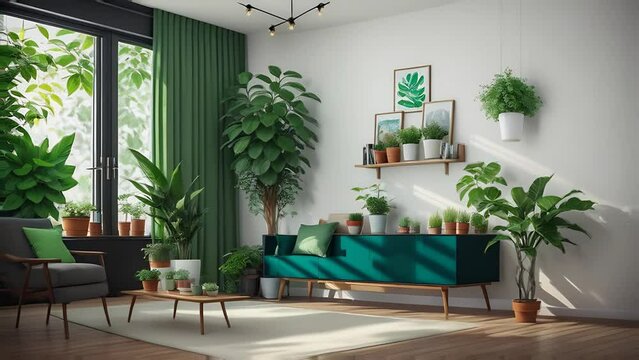 Modern living room interior with green sofa and many green decorative plants. 