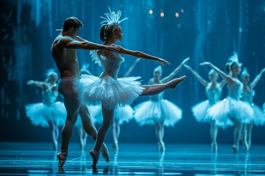 A ballet dancer and a ballet dancer dancing on stage with their dance company