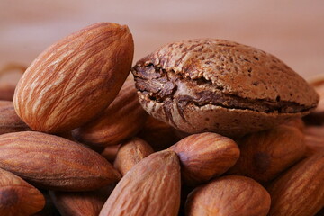 Beautiful background with raw almonds in brown shell; closeup photography
