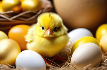 world bird day, Easter, poultry, little Easter chicken, funny yellow chick, bird's nest, colorful painted eggs, yellow background
