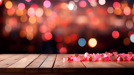 Empty wooden table with hearts and bokeh lights