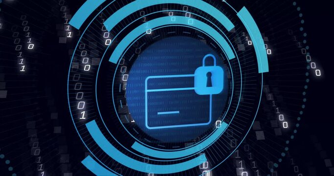 Animation of padlock with file icon, binary coding data processing