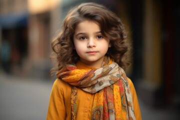 Portrait of a cute little girl with curly hair in a yellow coat and scarf.