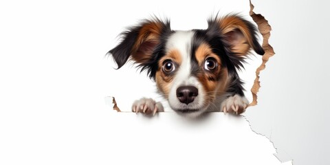 Dog looking up in paper side torn hole, isolated on white background - obrazy, fototapety, plakaty