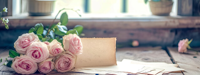 A creative arts event featuring a plant-filled wooden table adorned with a bouquet of pink roses and a letter.