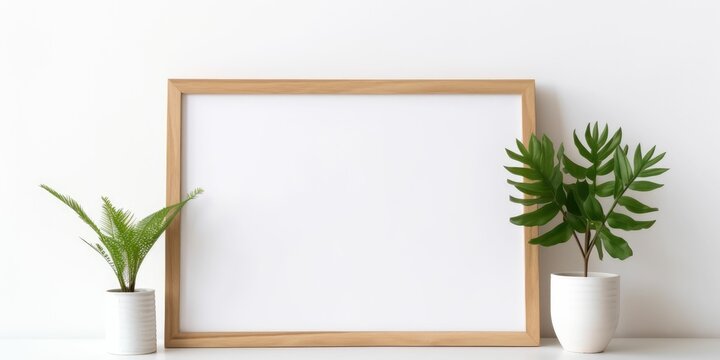 Empty wooden frame on white background, mockup, minimalist