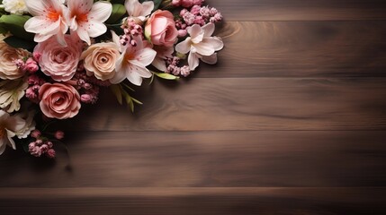 Broun wooden background with roses and beautiful flowers.
