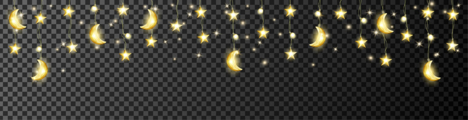 Ramadan and Al Adha islamic decoration on transparent background. Hanging stars and crescents lights string. Muslim holidays garland. Arabiс festive frame. Night sky shiny moon border. Vector.