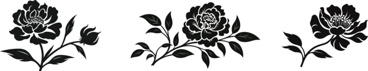 Set of Flower icons. Peony flower with leaves. Peonies hand drawn vector art. Black silhouette of peony flower